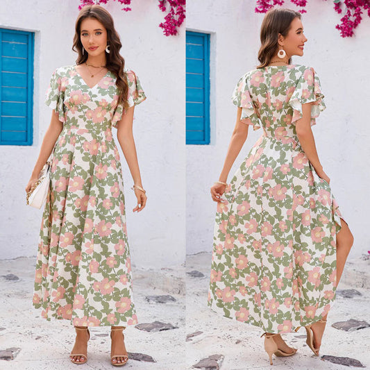 Robe maxi à imprimé floral pour femmes avec des manches ondulantes Chic und Stil
