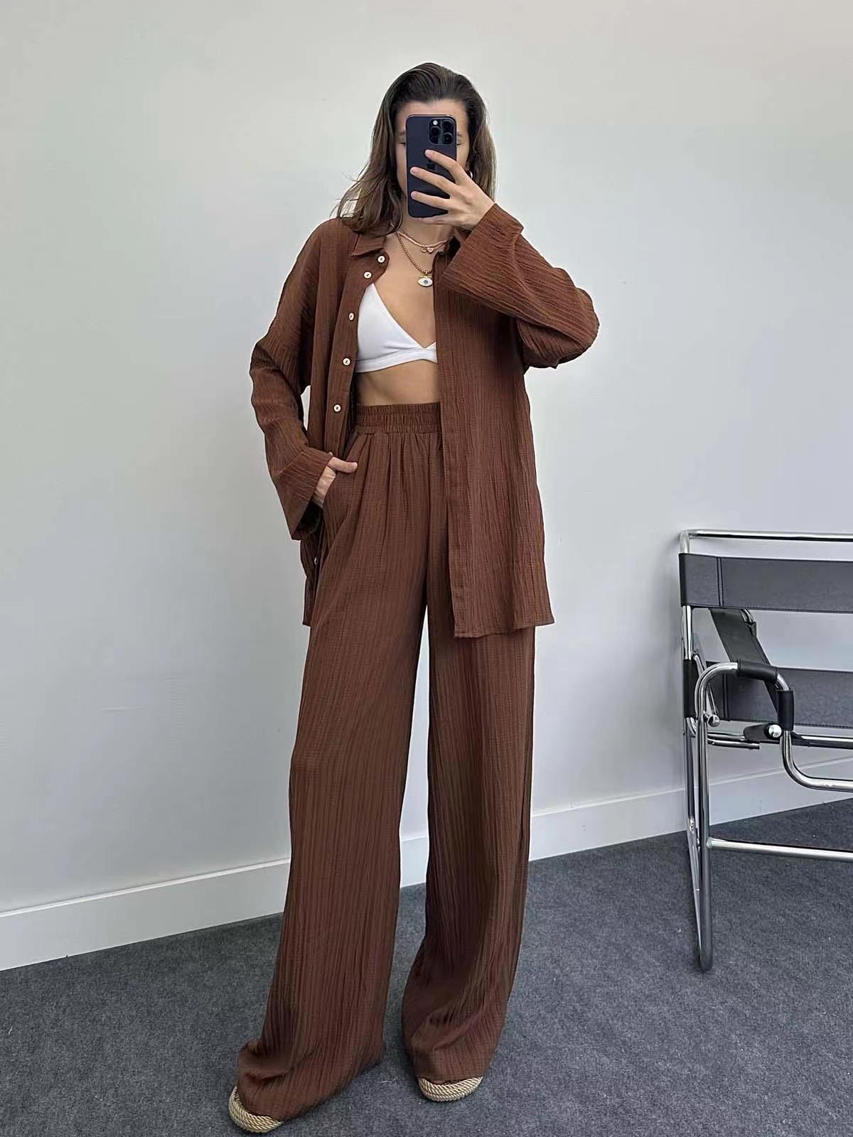 Plus size casual shirt set for women and chic wide leg pants