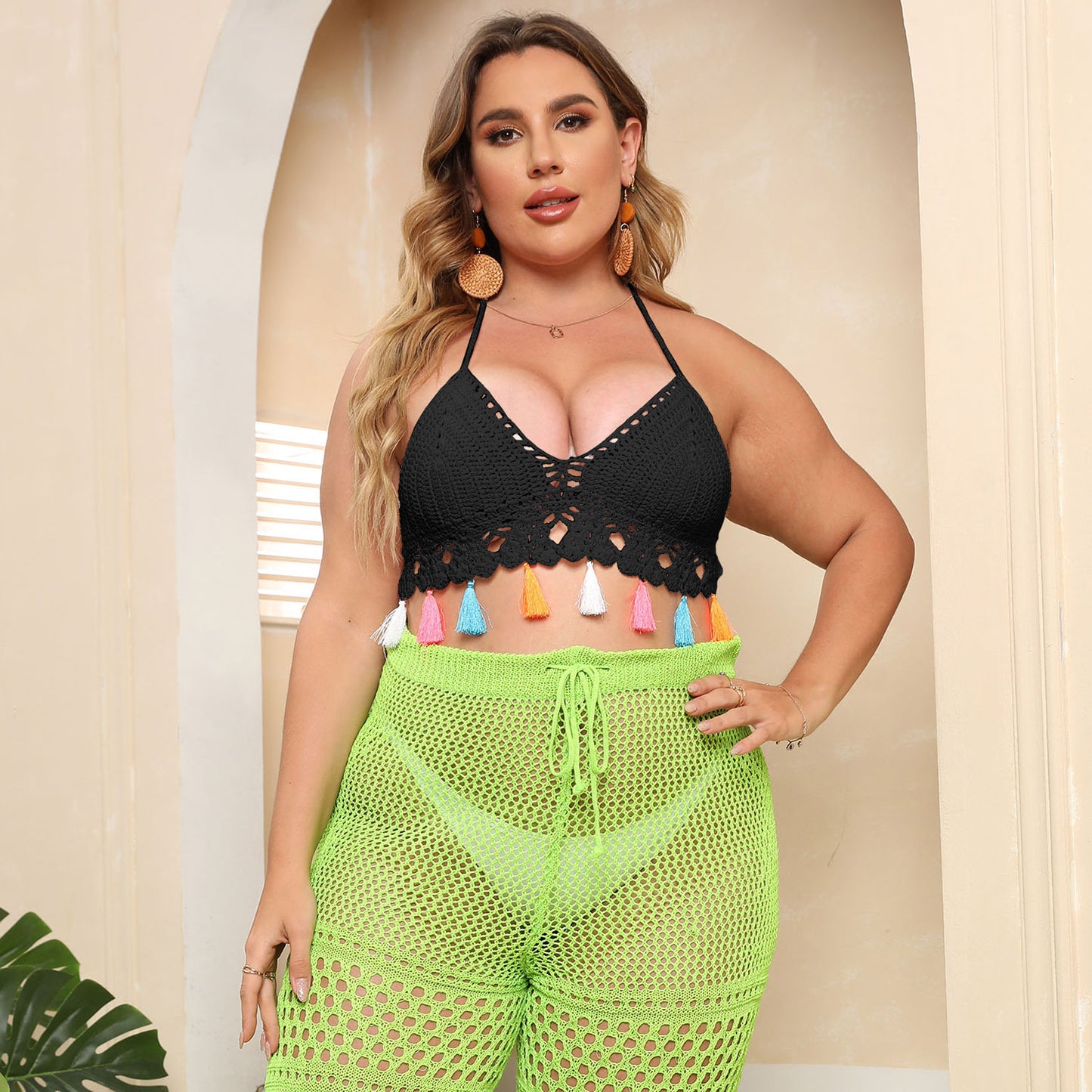 Dames Bohémien Tricot Haut à manches courtes avec franges colorées Chic und Stil