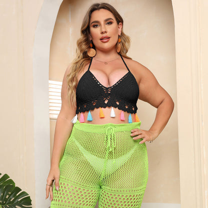 Dames Bohémien Tricot Haut à manches courtes avec franges colorées Chic und Stil