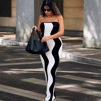 Robe maxi à manches longues pour femmes avec design ondulé et fente latérale Chic und Stil