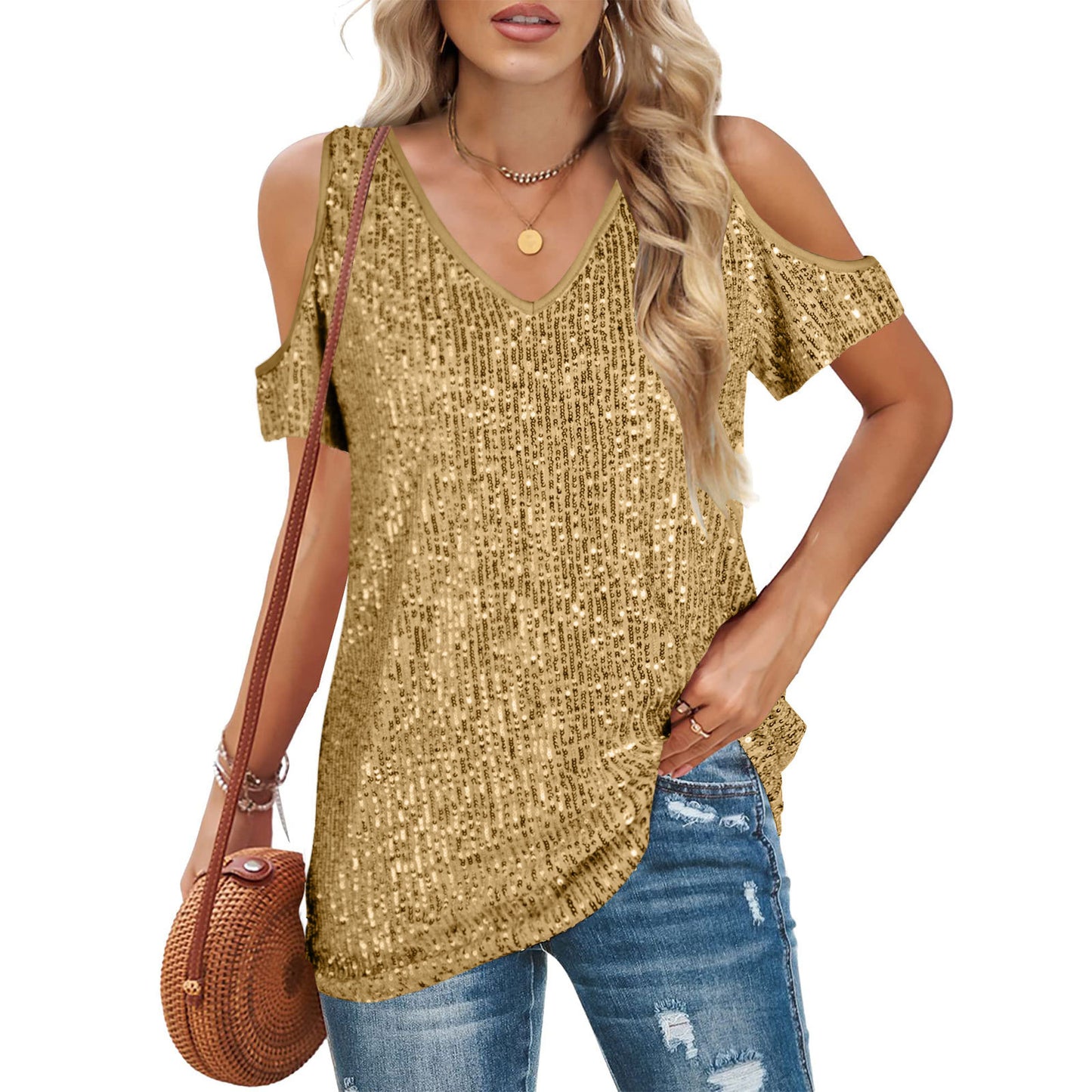 Dames Cold Shoulder Pailletten Top Chic und Stil