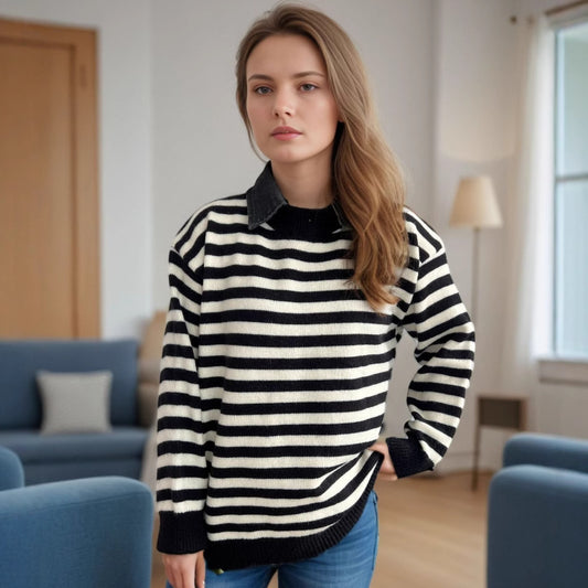 Pull décontracté pour dames avec motif rayé structuré et col à la mode Chic und Stil