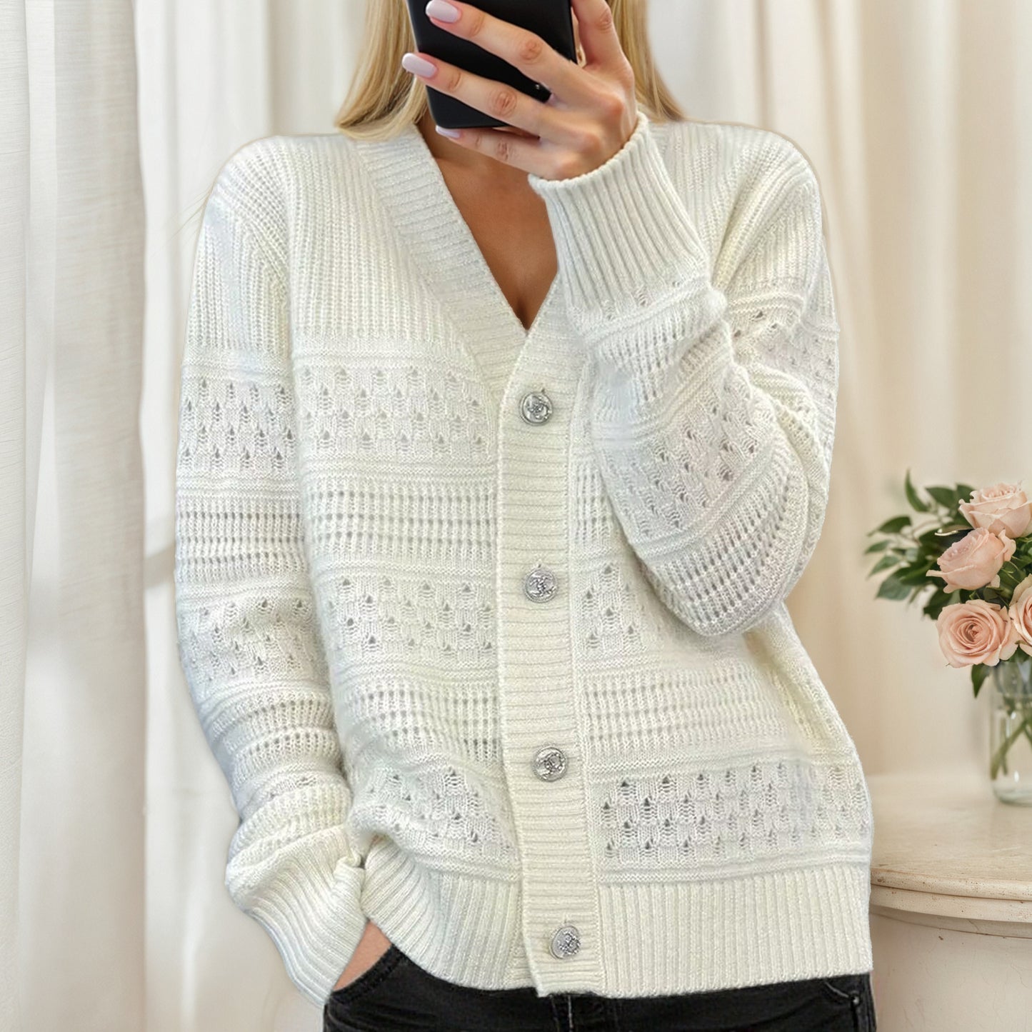 Women's knit jacket with diamond pattern and elegant buttons Chic and Style