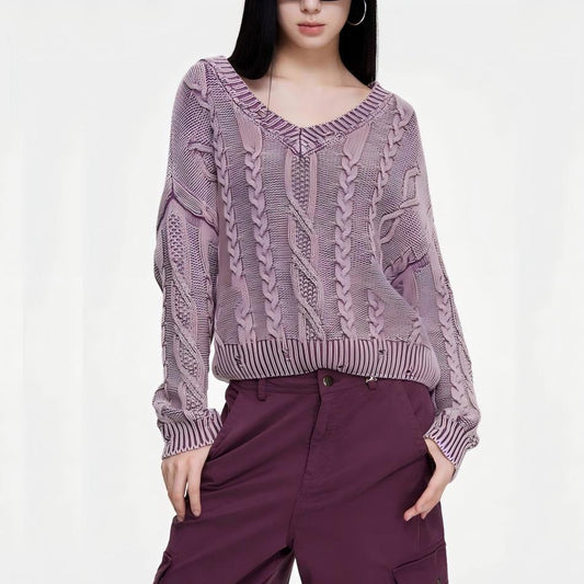 Pull en gros tricot confortable pour dames avec décolleté en V et design en torsades Chic und Stil