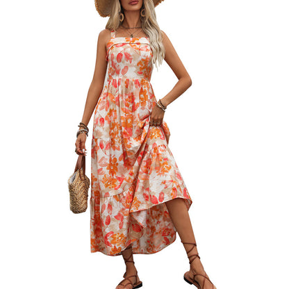 Robe maxi florale à volants pour femmes avec bretelles spaghetti réglables Chic und Stil