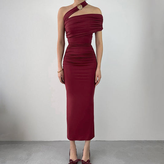 Robe midi à épaule unique froncée pour femme Chic und Stil