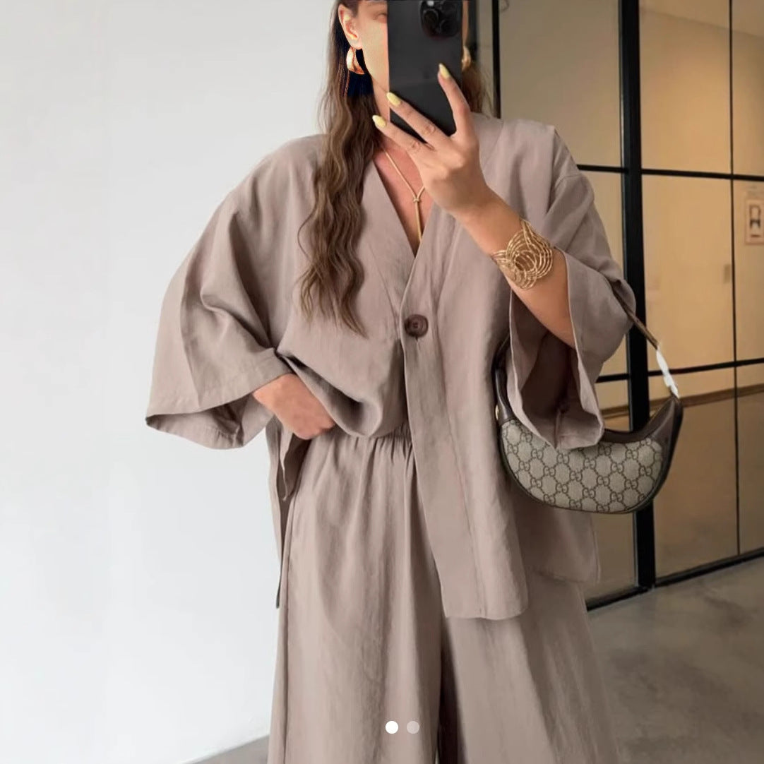 Damen Ensemble composé d'une blouse élégante à décolleté en V et de pantalons palazzo larges Chic und Stil