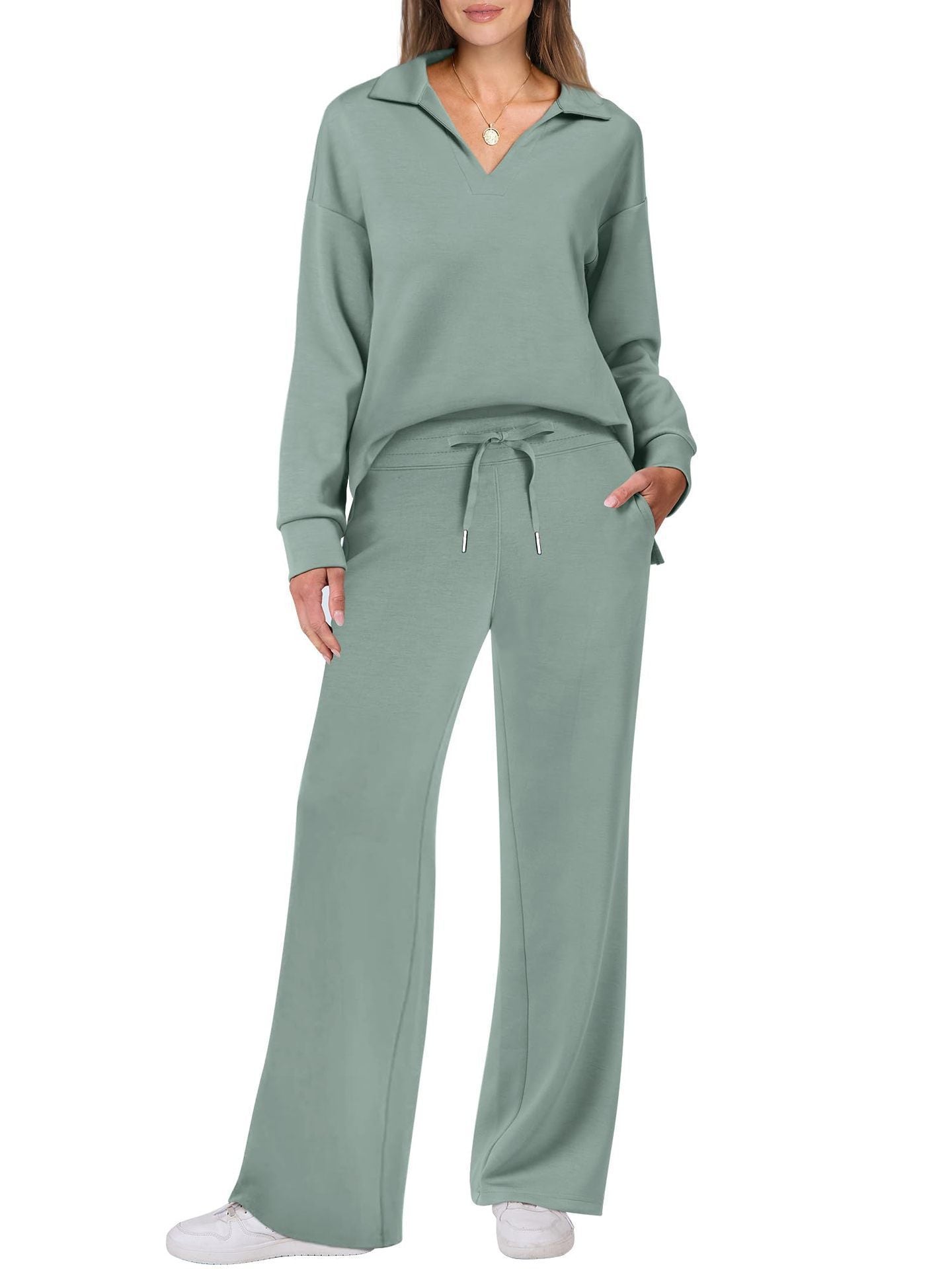 Dames ensemble décontracté avec grand col et pantalon ample confortable Chic und Stil