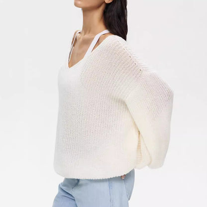 Pull-over en tricot décontracté pour femmes avec des manches larges et un décolleté en V profond Chic und Stil