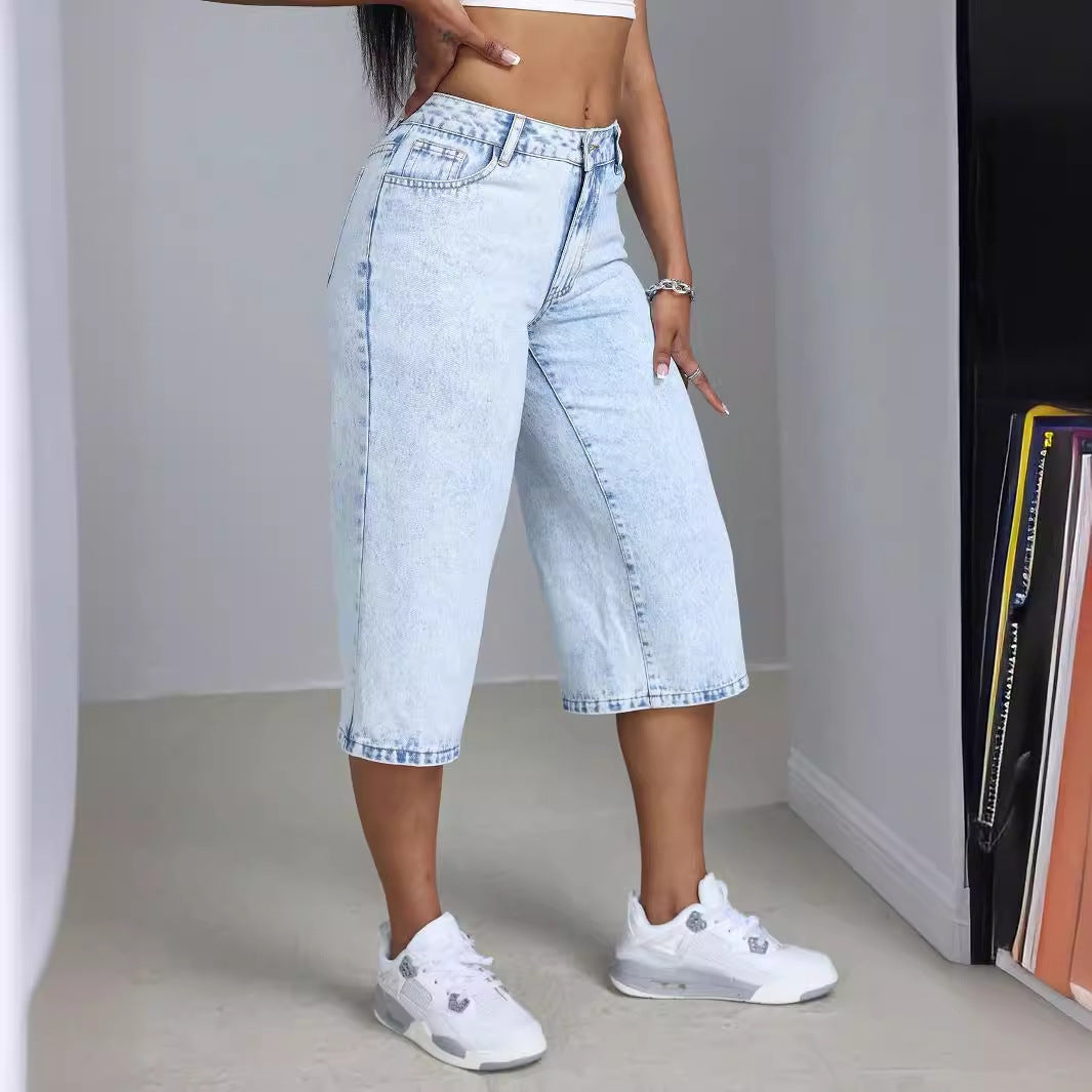 Culottes en denim larges pour dames avec effet de lavage à la mode Chic und Stil