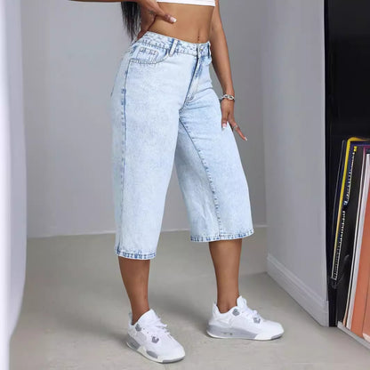 Culottes en denim larges pour dames avec effet de lavage à la mode Chic und Stil