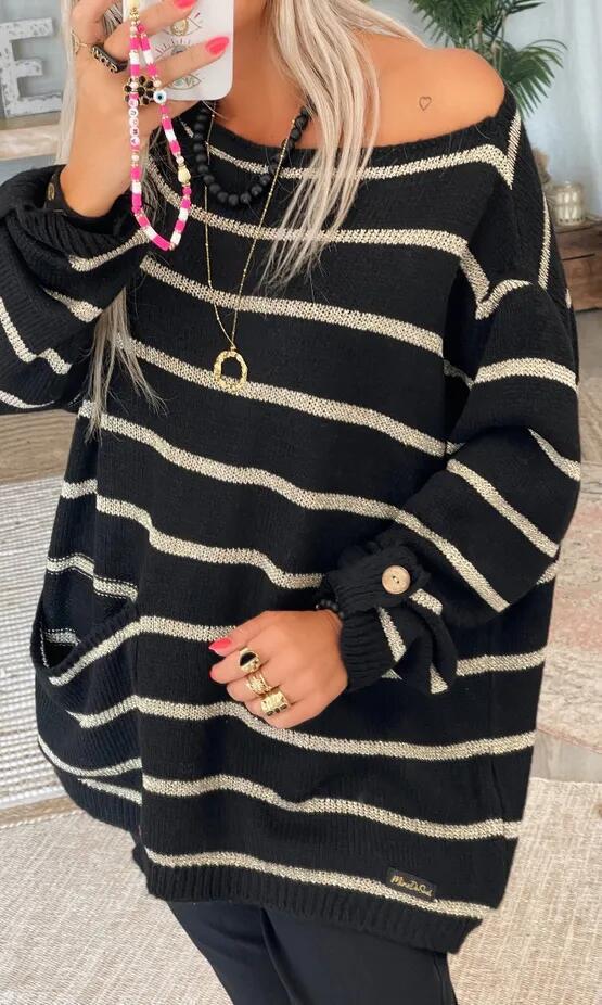 Pull en tricot surdimensionné pour femmes avec des rayures élégantes et des poches pratiques Chic und Stil