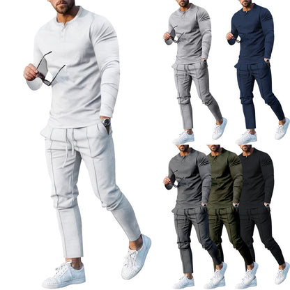 Athletic leisure outfit for men with long sleeve Henley top and comfortable jogging capri pants Chic and Style