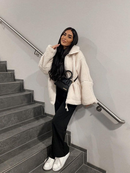 Women's comfortable plush jacket with high collar, chic and stylish