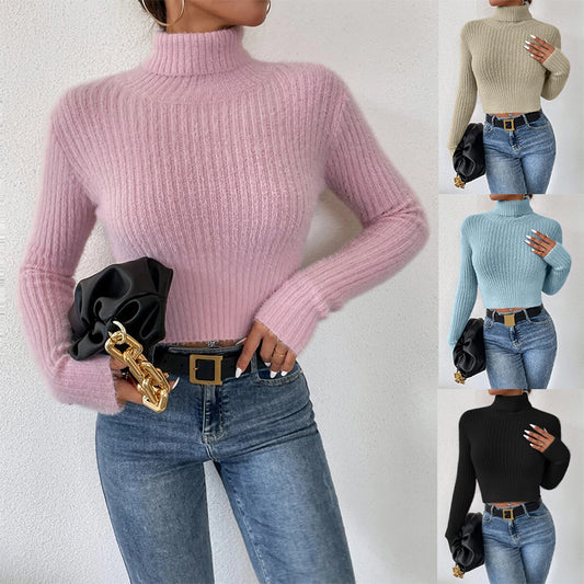 Dames pull fin en tricot avec col montant et design à côtes moderne Chic und Stil