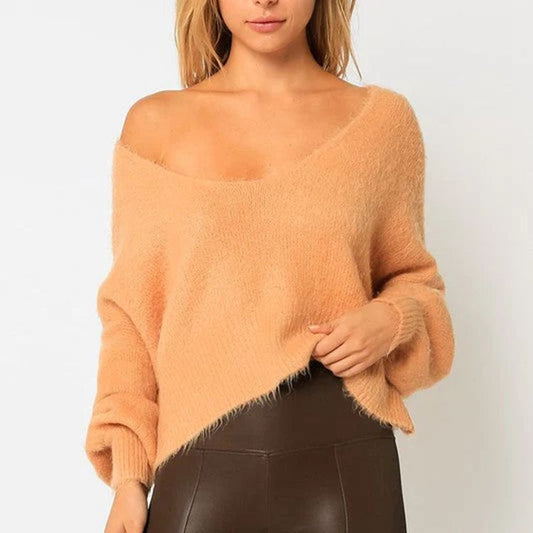 Femme Pull Off-Shoulder en mélange de Mohair doux avec/manches volumineuses Chic und Stil