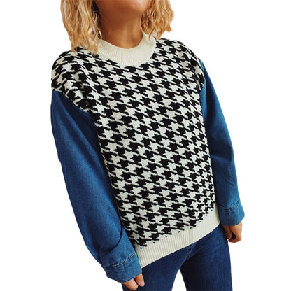 Pull en tricot pour femmes au motif pied-de-poule moderne avec des manches en denim décontractées Chic und Stil