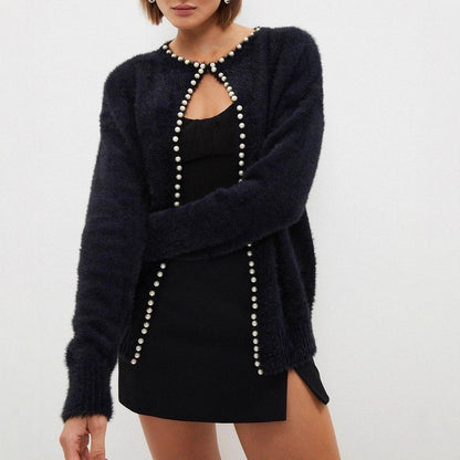 Ladies cozy pullover with pearl embellishment Chic and Style