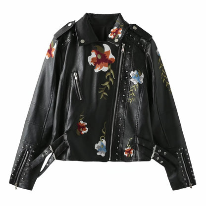 Biker jacket in faux leather for women with embroidered floral design and stud embellishments Chic and Style