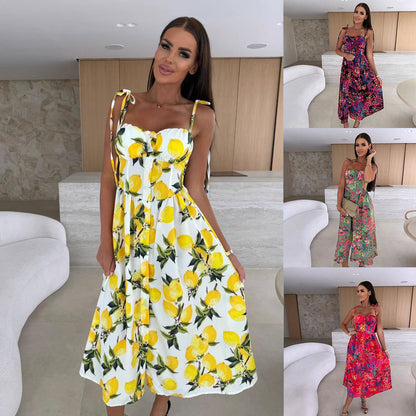 Robe midi à imprimé floral pour femmes avec bretelles à volants Chic und Stil