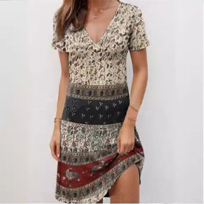 Robe courte à manches courtes pour femmes avec décolleté en V à la mode et motif créatif Chic und Stil
