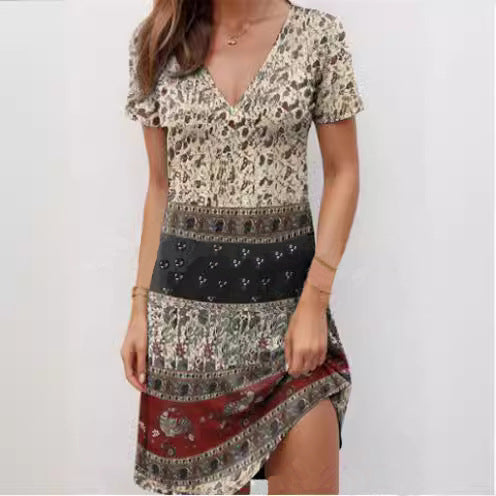 Robe courte à manches courtes pour femmes avec décolleté en V à la mode et motif créatif Chic und Stil