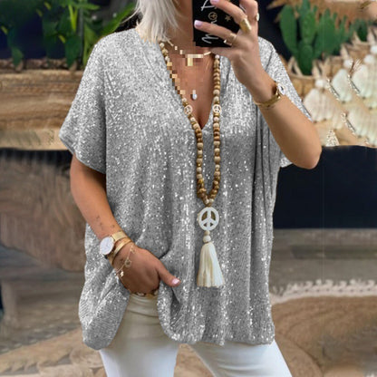 T-Shirt tunique paillettes glamour pour femmes avec décolleté en V Chic und Stil