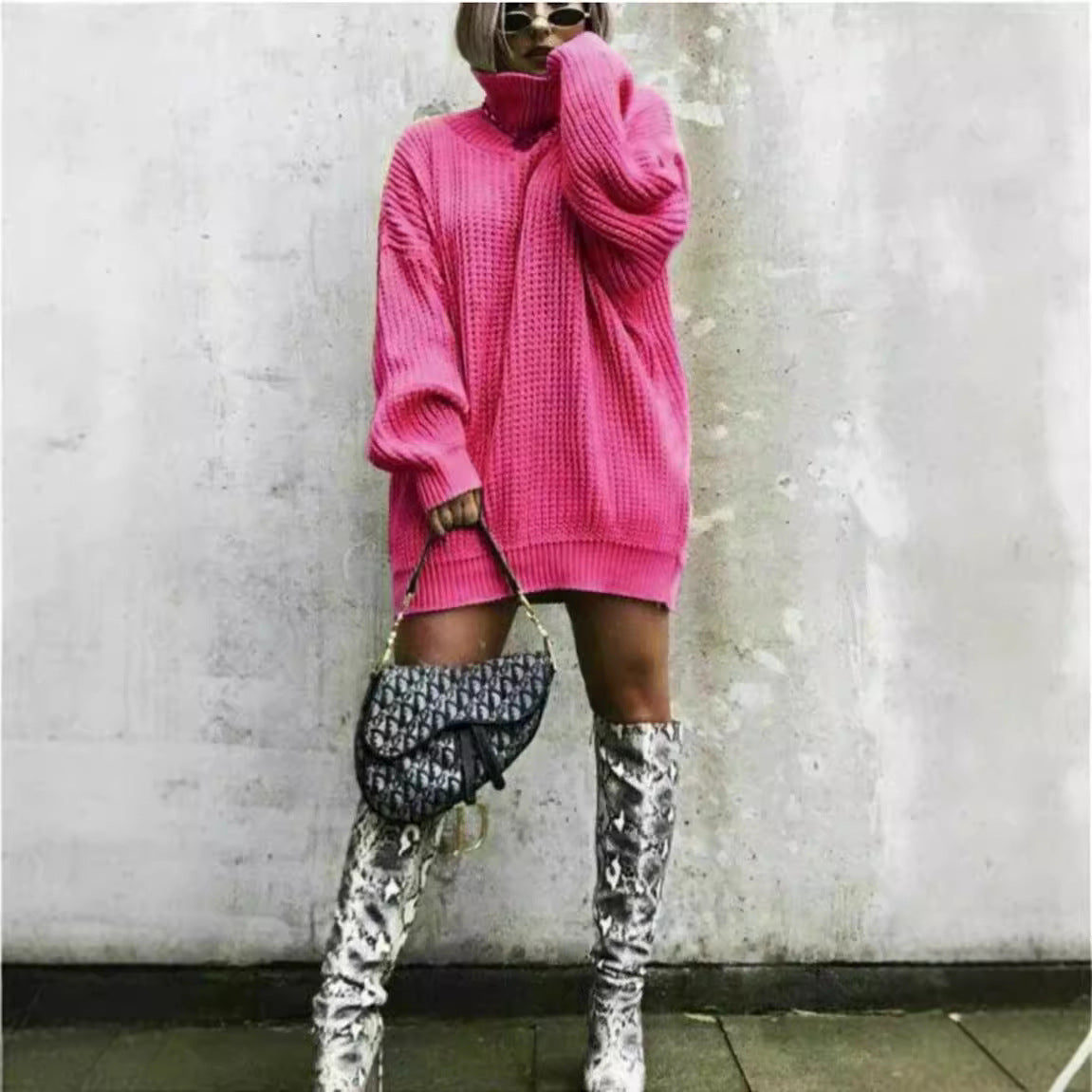 Pull en tricot surdimensionné pour femmes avec col haut et motif en nid d'abeille Chic und Stil
