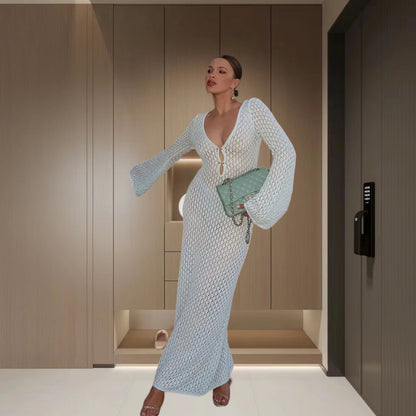 Robe maxi en tricot pour femmes avec décolleté en V profond et porte-clés décoratif Chic und Stil