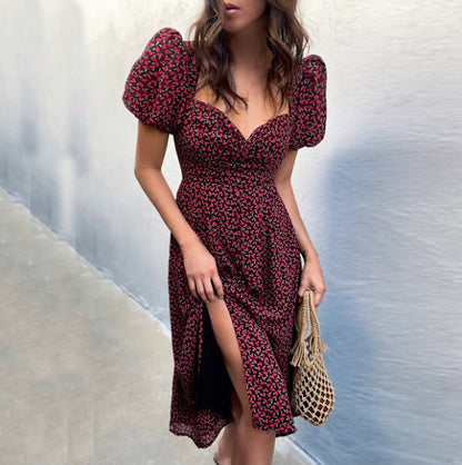 Dames fleurs chemise manches bouffantes midi robe Chic und Stil