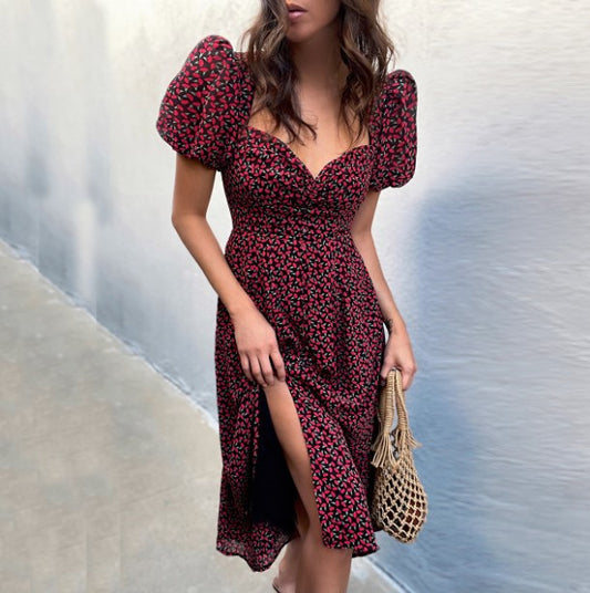 Dames fleurs chemise manches bouffantes midi robe Chic und Stil