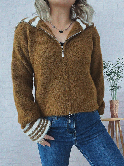 Dames pull-over en tricot cozy avec une fermeture éclair élégante et des rayures à la mode Chic und Stil