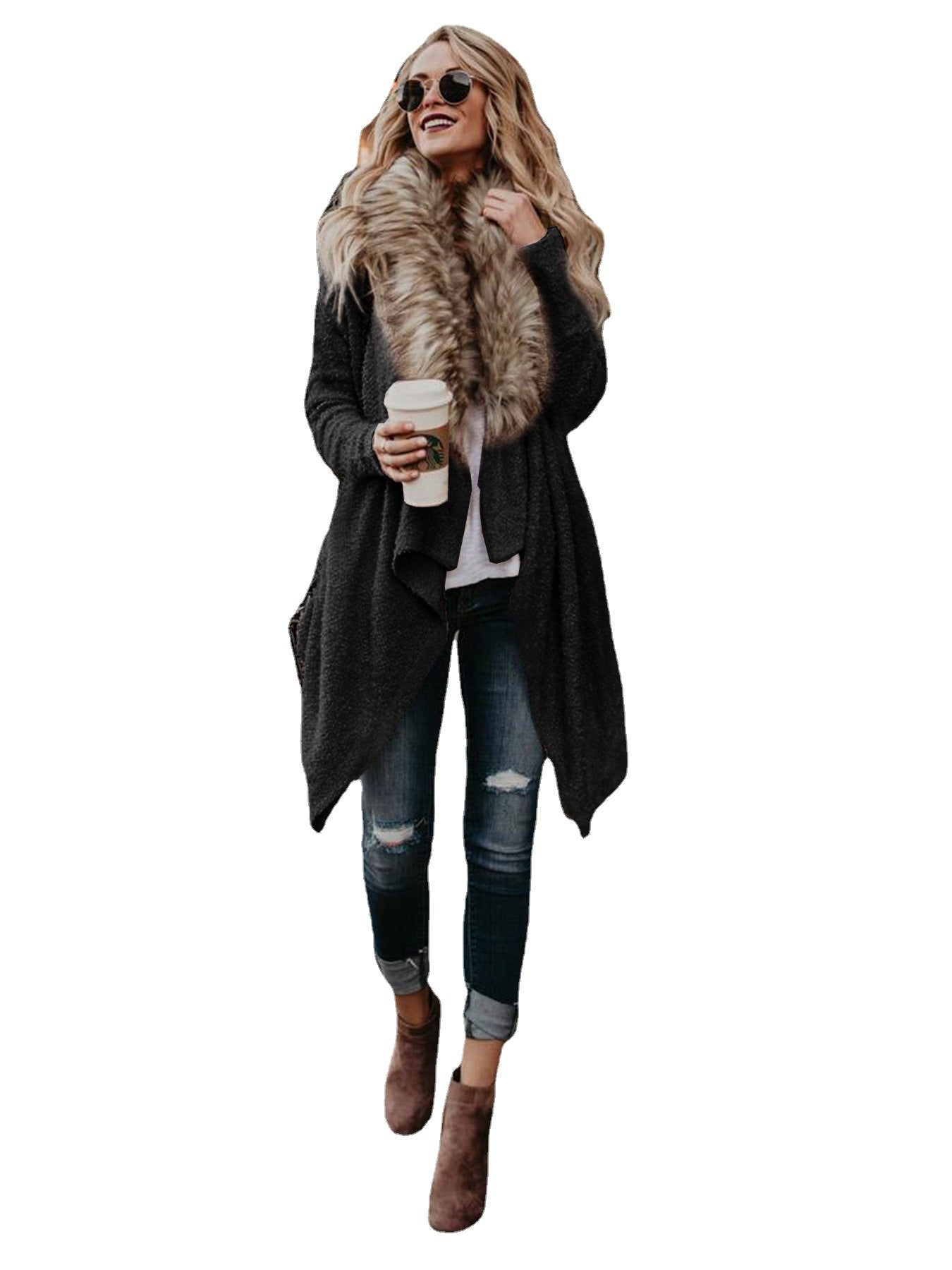 Dames Pull tricoté confortable avec col en fourrure luxueux et coupe asymétrique Chic und Stil