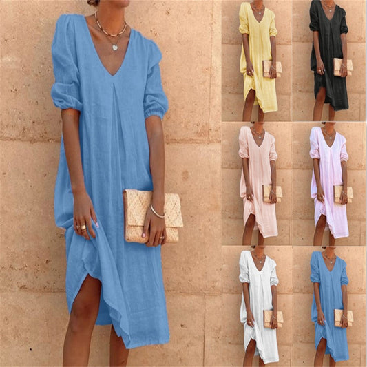 Robe midi à encolure en V à manches bouffantes pour femmes Chic und Stil