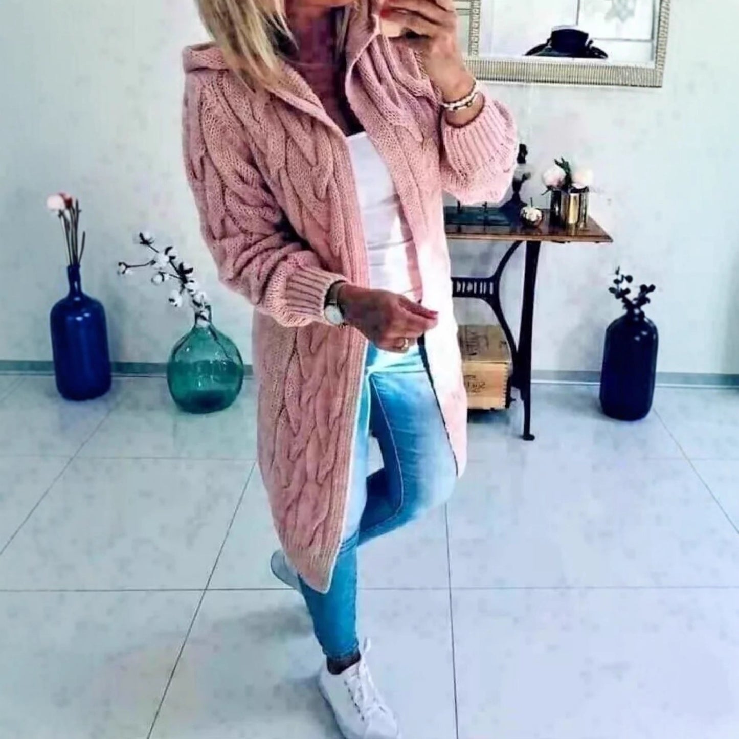 Dames Gros Tricot Cardigan avec Capuche et Motif en Relief Chic und Stil