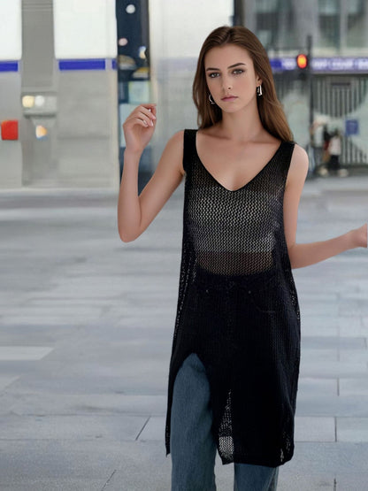 Robe en tricot aérien pour femmes avec fentes latérales et décolleté en V moderne Chic und Stil