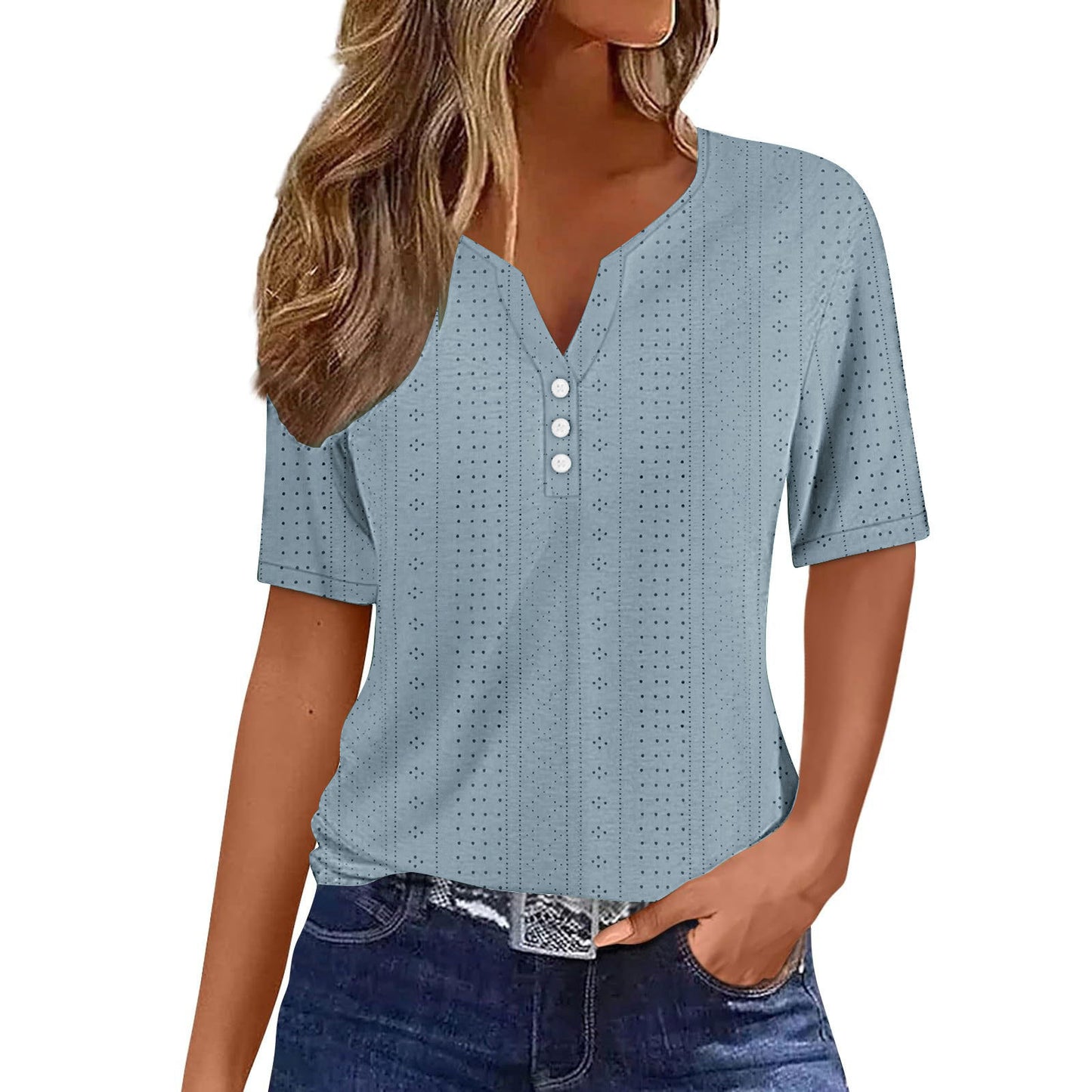 Chemise à manches courtes pour femmes avec détails de boutons et fine structure en mailles plongeantes Chic und Stil
