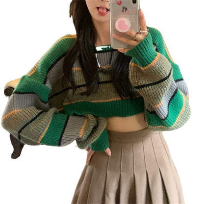 Pull-over en tricot court décontracté pour femmes avec des manches larges et un motif rayé Chic und Stil