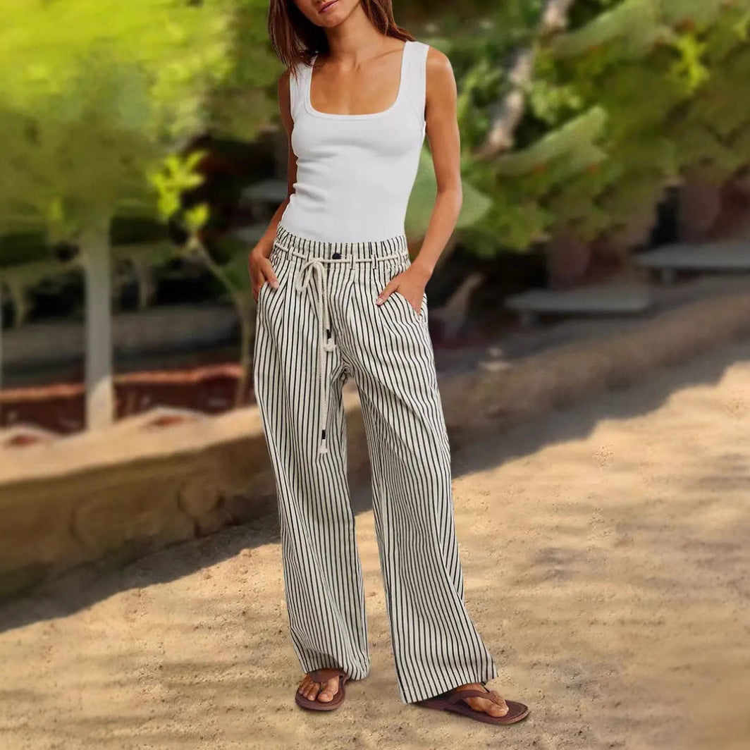 Ladies Comfortable Beach Pants with Casual Striped Pattern and Woven Belt Chic und Stil