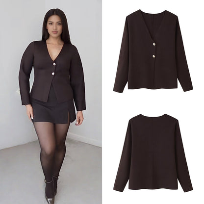 Dames élégant gilet tricoté avec décolleté en V et boutons Chic und Stil