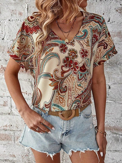 T-shirt femme col en V avec motif paisley coloré Chic und Stil