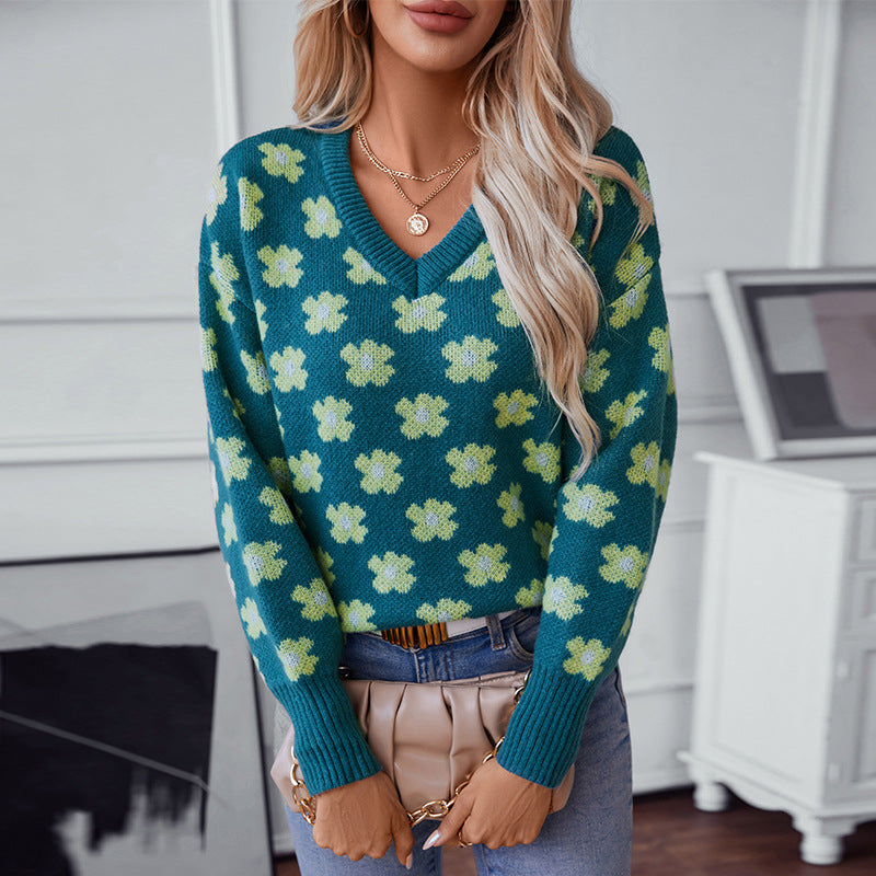 Pull en tricot pour femmes avec motif floral et décolleté en V Chic und Stil
