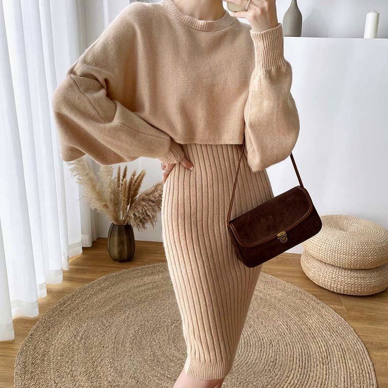 Robe tricot élégante pour femmes avec structure côtelée et manches volumineuses Chic und Stil