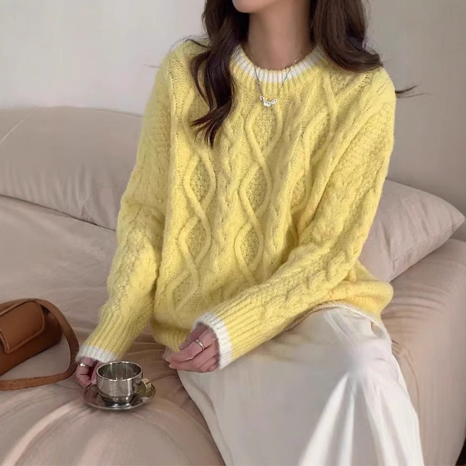 Pull en grosse maille pour femmes avec motif torsadé et finition de col contrastante Chic und Stil