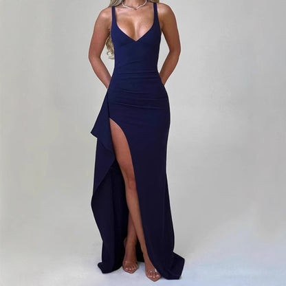 Robes maxi élégantes pour femmes avec fente latérale et décolleté en V séduisant Chic und Stil