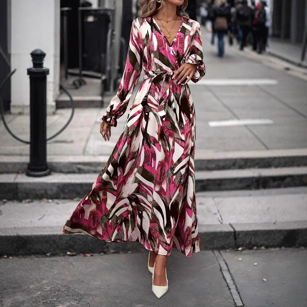 Dames Élégante Robe Maxi avec Imprimé Floral et Ceinture Chic und Stil