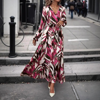 Dames Élégante Robe Maxi avec Imprimé Floral et Ceinture Chic und Stil