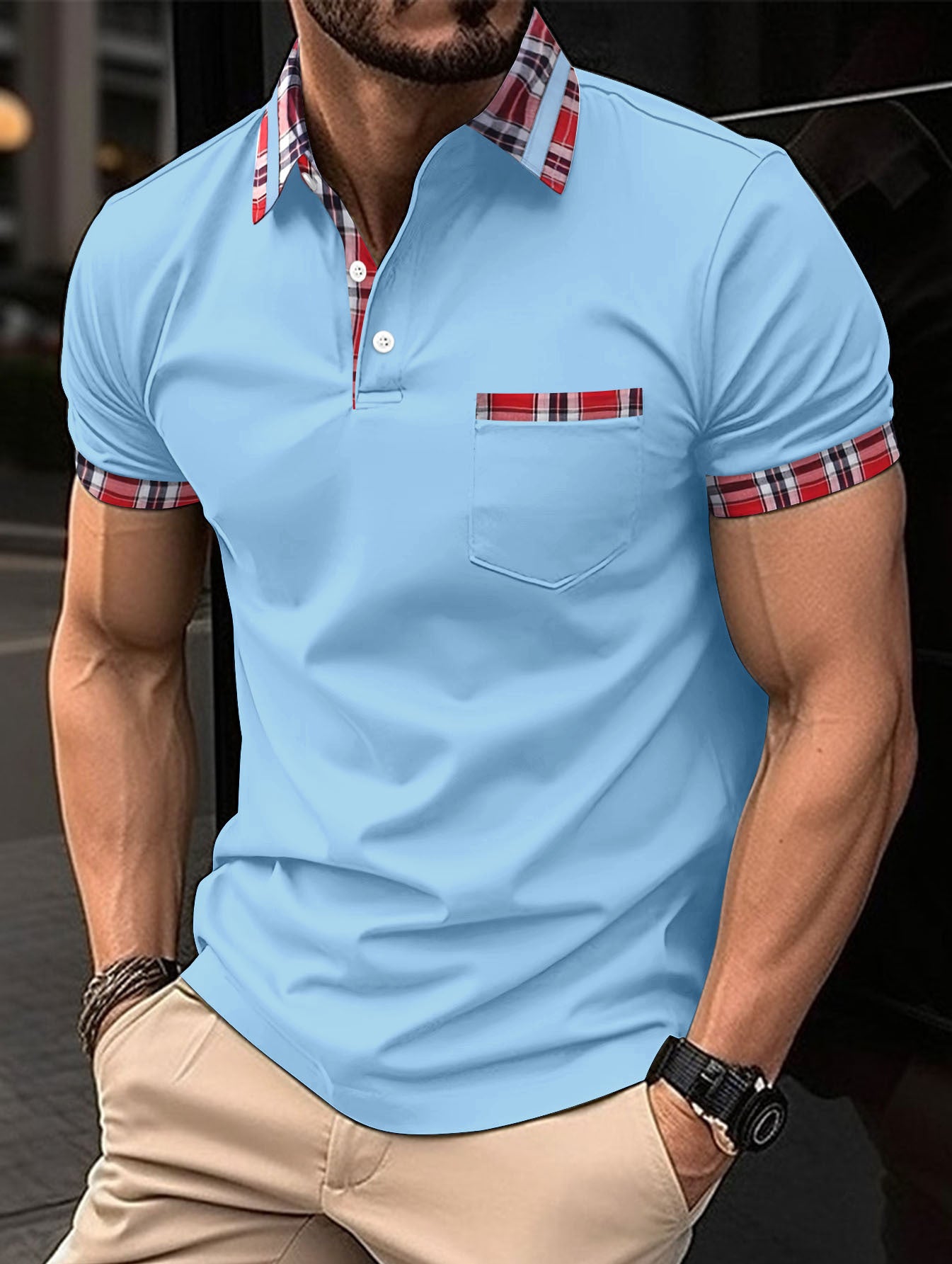 Men's Casual Short Sleeve Polo with Distinctive Checkered Details Chic and Style