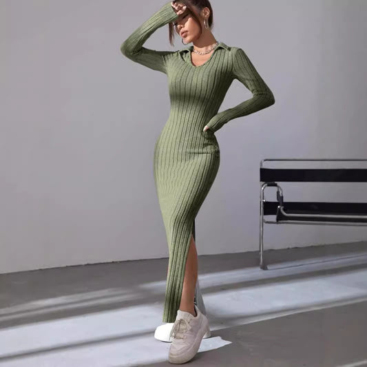 Robe côtelée à manches longues pour femmes avec fente et col Chic und Stil